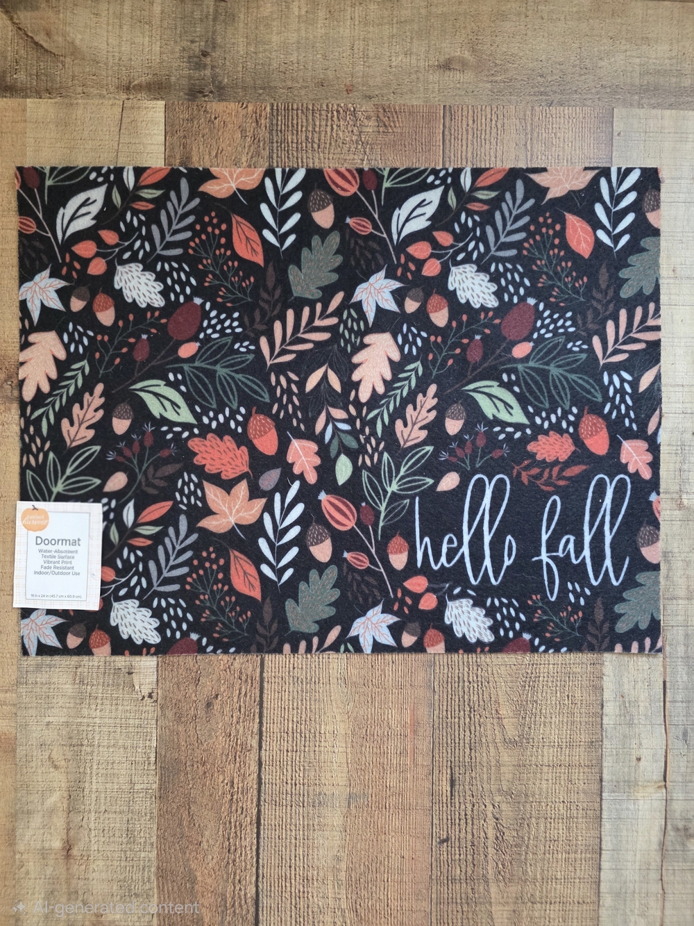 Hello Fall Doormat - Black with Colorful Autumn Leaves Acorns
